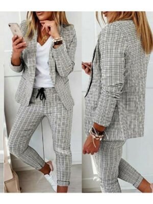 Streetwear Regular Fit Plaid Shirt Collar Long Sleeve Blazer Suit - Image 4