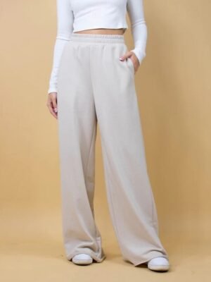 Streetwear Regular Fit Plain Elastic Waist Full Length Wide Leg Trousers - Image 10