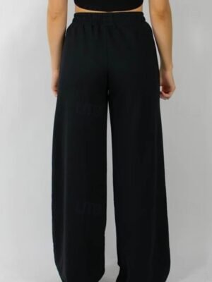 Streetwear Regular Fit Plain Elastic Waist Full Length Wide Leg Trousers - Image 4