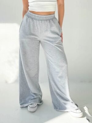 Streetwear Regular Fit Plain Elastic Waist Full Length Wide Leg Trousers - Image 5