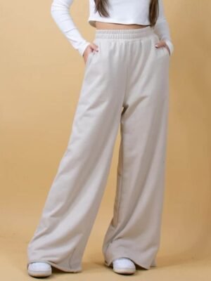 Streetwear Regular Fit Plain Elastic Waist Full Length Wide Leg Trousers - Image 9