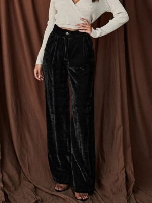 Streetwear Regular Fit Plain High Waist Wide Leg Full Length Chinos - Image 2