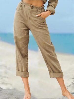 Streetwear Regular Fit Plain High Waist Long Chinos - Image 3