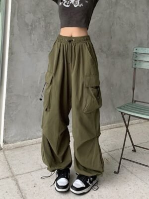 Streetwear Regular Fit Plain Natural Pocket Elastic Drawstring Full Length Cargo Pants - Image 1