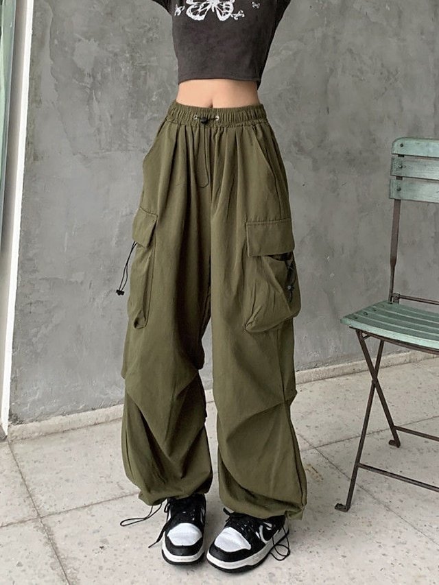 Streetwear Regular Fit Plain Natural Pocket Elastic Drawstring Full Length Cargo Pants - Image 1