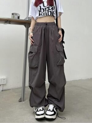 Streetwear Regular Fit Plain Natural Pocket Elastic Drawstring Full Length Cargo Pants - Image 13
