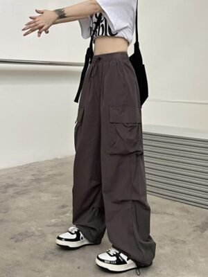 Streetwear Regular Fit Plain Natural Pocket Elastic Drawstring Full Length Cargo Pants - Image 15