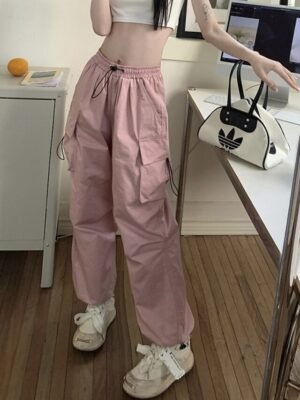 Streetwear Regular Fit Plain Natural Pocket Elastic Drawstring Full Length Cargo Pants - Image 16