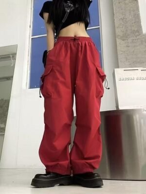 Streetwear Regular Fit Plain Natural Pocket Elastic Drawstring Full Length Cargo Pants - Image 17