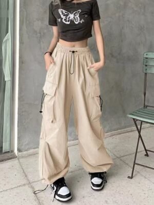 Streetwear Regular Fit Plain Natural Pocket Elastic Drawstring Full Length Cargo Pants - Image 18