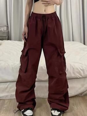 Streetwear Regular Fit Plain Natural Pocket Elastic Drawstring Full Length Cargo Pants - Image 19
