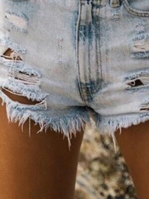 Streetwear Regular Fit Plain Natural Pocket Ripped Denim Shorts - Image 2