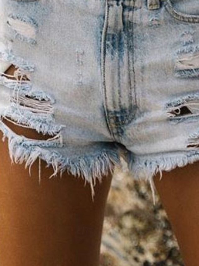 Streetwear Regular Fit Plain Natural Pocket Ripped Denim Shorts - Image 2