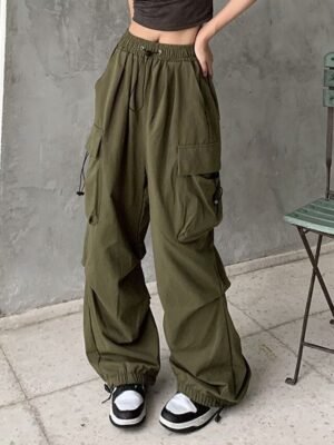 Streetwear Regular Fit Plain Natural Pocket Elastic Drawstring Full Length Cargo Pants - Image 2