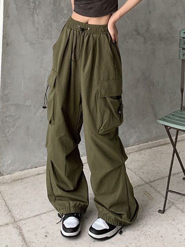 Streetwear Regular Fit Plain Natural Pocket Elastic Drawstring Full Length Cargo Pants - Image 2