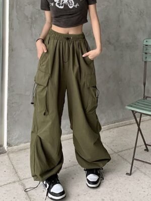 Streetwear Regular Fit Plain Natural Pocket Elastic Drawstring Full Length Cargo Pants - Image 5