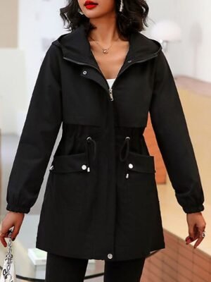 Streetwear Regular Fit Plain Zipper Long Sleeve Trench Coat - Image 10