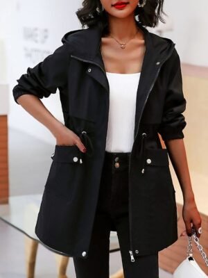 Streetwear Regular Fit Plain Zipper Long Sleeve Trench Coat - Image 9