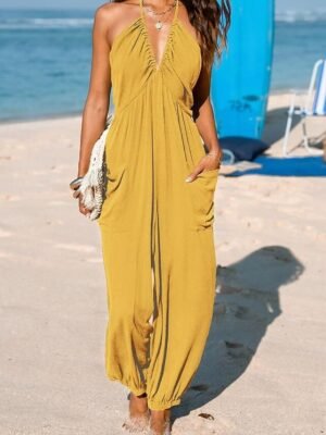 Streetwear Regular Fit Solid Colour Halter Neck Sleeveless Jumpsuit - Image 2