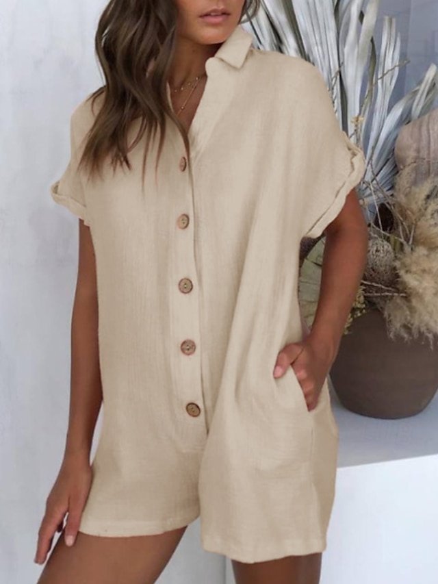 Streetwear Regular Fit Solid Colour Shirt Collar Short Sleeve Romper - Image 1