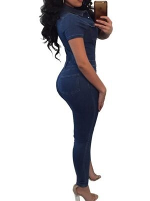 Streetwear Regular Fit Solid Colour Shirt Collar Short Sleeve Jumpsuit - Image 4