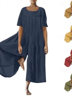 Streetwear Regular Fit Solid Colour Square Neck Short Sleeve Jumpsuit - Image 1