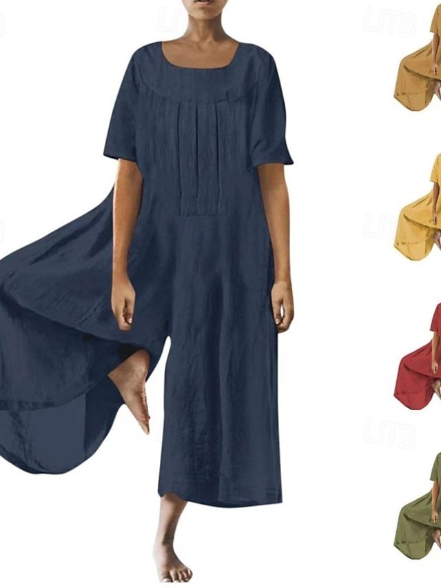 Streetwear Regular Fit Solid Colour Square Neck Short Sleeve Jumpsuit - Image 1