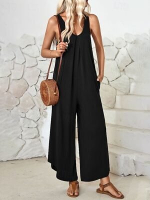 Streetwear Regular Fit Solid Colour V Neck Sleeveless Jumpsuit - Image 10