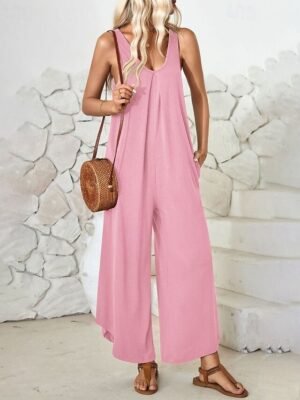 Streetwear Regular Fit Solid Colour V Neck Sleeveless Jumpsuit - Image 13