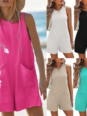 Streetwear Regular Fit Solid Crew Neck Sleeveless Short Romper - Image 1