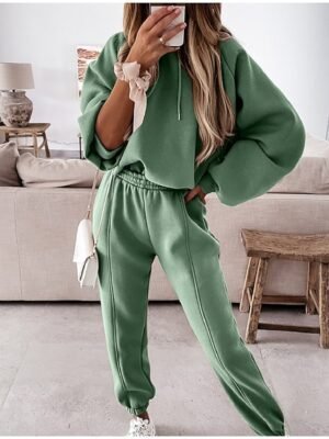 Streetwear Regular Fit Solid Hooded Long Sleeve Tracksuit Set - Image 4