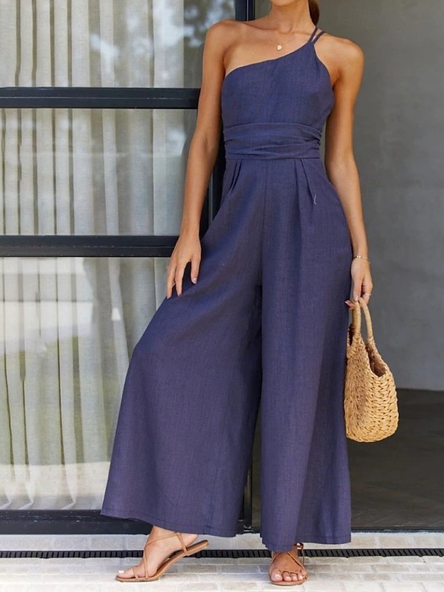 Streetwear Regular Fit Solid One Shoulder Sleeveless Jumpsuit - Image 1