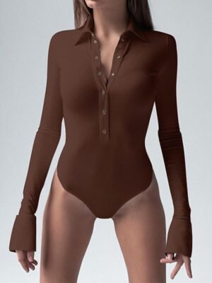 Streetwear Regular Fit Solid Shirt Collar Long Sleeve Bodysuit - Image 10