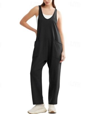 Streetwear Regular Fit Solid Sleeveless U Neck Pocket Jumpsuit - Image 5
