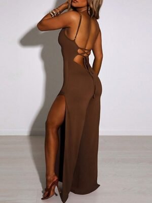 Streetwear Regular Fit Solid U Neck Sleeveless Split High Waist Jumpsuit - Image 5