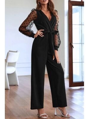 Streetwear Regular Fit Solid V Neck Long Sleeve Jumpsuit - Image 2