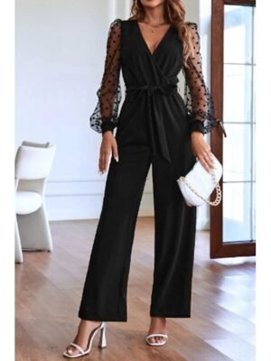 Streetwear Regular Fit Solid V Neck Long Sleeve Jumpsuit - Image 3