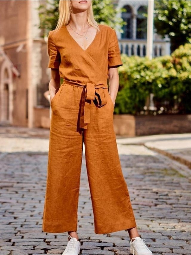 Streetwear Regular Fit Solid V Neck Short Sleeve Jumpsuit - Image 1