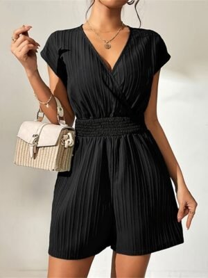 Streetwear Regular Fit Solid V Neck Short Sleeve Romper - Image 1
