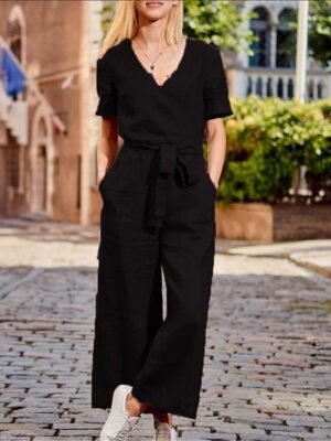 Streetwear Regular Fit Solid V Neck Short Sleeve Jumpsuit - Image 10