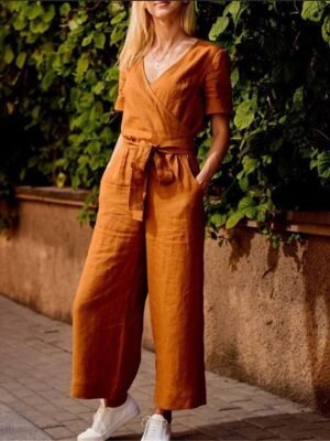 Streetwear Regular Fit Solid V Neck Short Sleeve Jumpsuit - Image 2