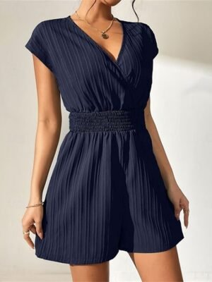 Streetwear Regular Fit Solid V Neck Short Sleeve Romper - Image 6