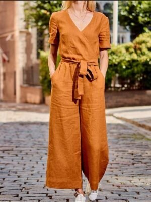 Streetwear Regular Fit Solid V Neck Short Sleeve Jumpsuit - Image 6