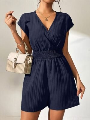Streetwear Regular Fit Solid V Neck Short Sleeve Romper - Image 7
