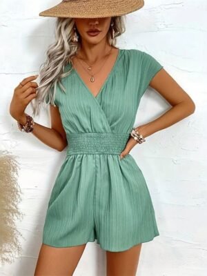 Streetwear Regular Fit Solid V Neck Short Sleeve Romper - Image 8