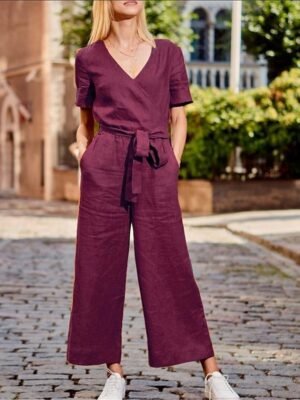 Streetwear Regular Fit Solid V Neck Short Sleeve Jumpsuit - Image 8