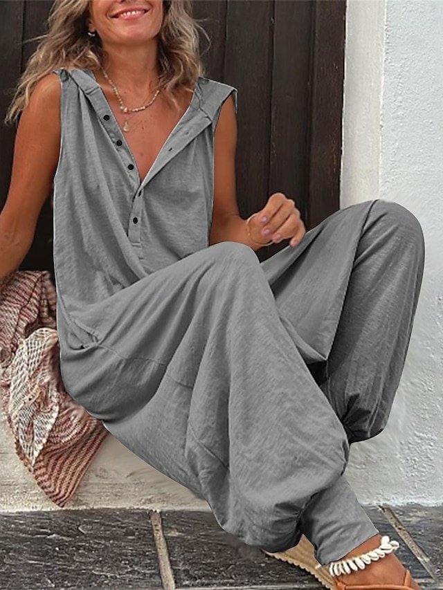 Streetwear Regular Fit Solid V Neck Sleeveless Jumpsuit - Image 1