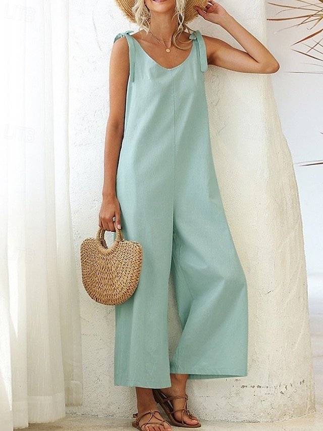 Streetwear Regular Fit Solid V Neck Sleeveless Backless Dungarees Jumpsuit - Image 1