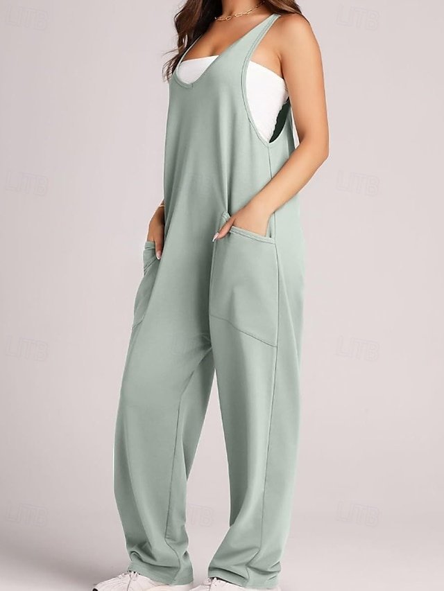Streetwear Regular Fit Solid V Neck Sleeveless Dungarees Jumpsuit - Image 1