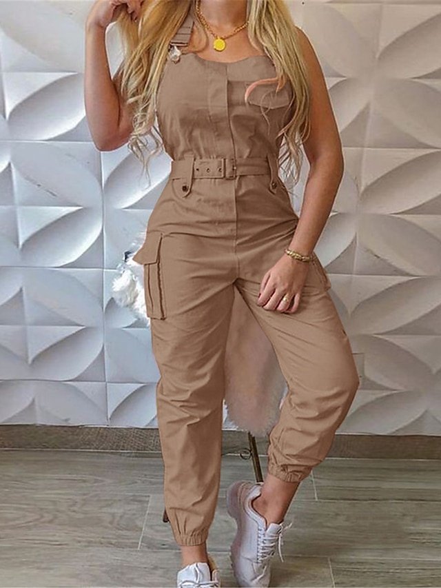 Streetwear Regular Fit Solid V Neck Sleeveless High Waist Jumpsuit - Image 1